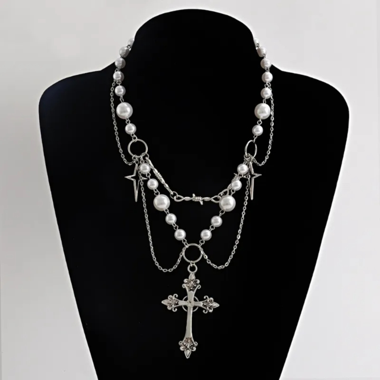 Gothic Cross Rosary Necklace With Chain Charm Necklace Layered Necklace