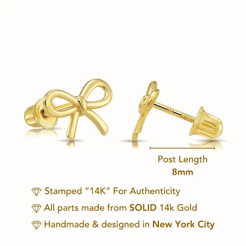 14K Real Solid Yellow Gold Dainty Ribbon Bow Sleeper Stud Earrings Screw-back