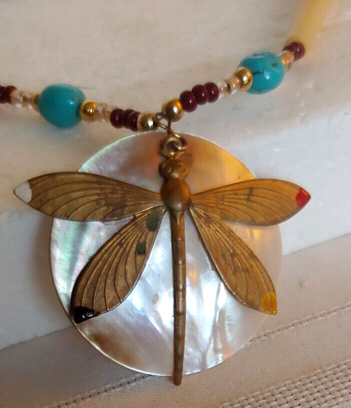Dragonfly Necklace / Abalone-Brass-Turquoise-Simulated Bone 20”