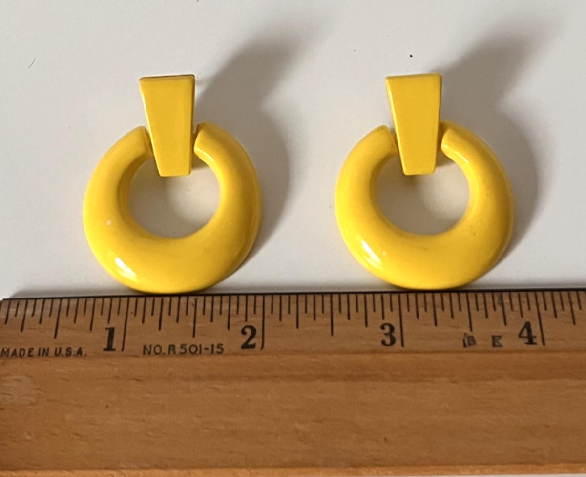 Vintage Bright Mustard Yellow Door Knocker Pierced Earrings