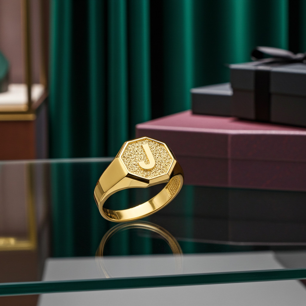 Men’s 10K Yellow Gold Letter Initial Octagon Signet Ring Personalized A–Z