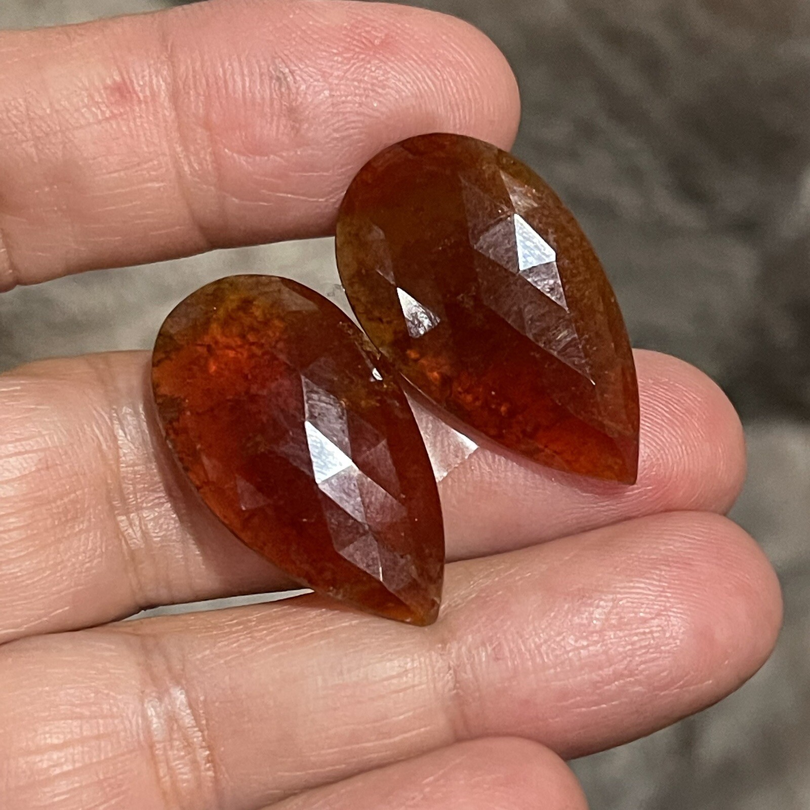 37.5ct 28x16x4.5mm Pair Fine Rose Cut Flat Back Hessonite Garnet Drop Cabochons