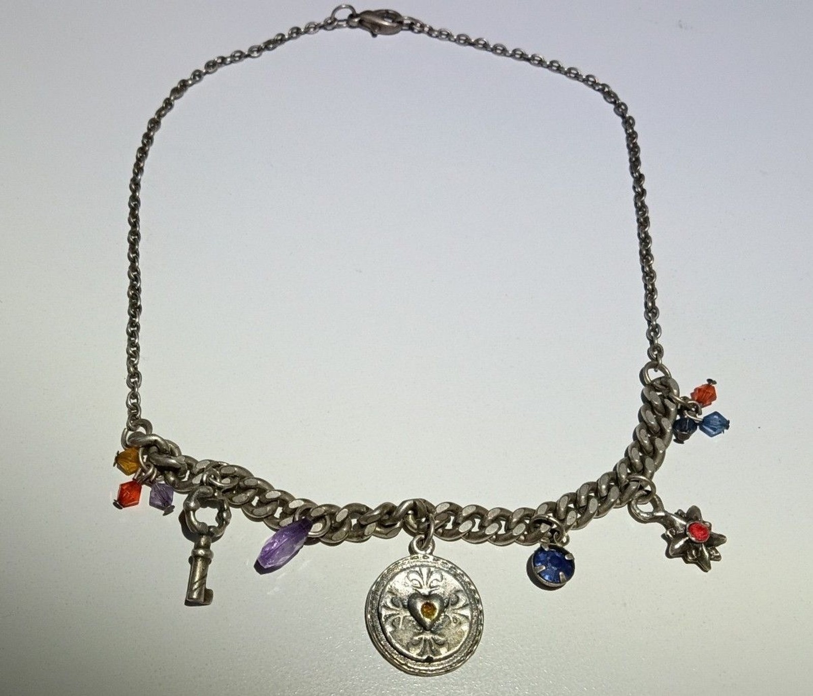 Vintage Silver‑Tone Charm Bracelet–Mixed Charms & Stones–Fleur‑de‑Lis