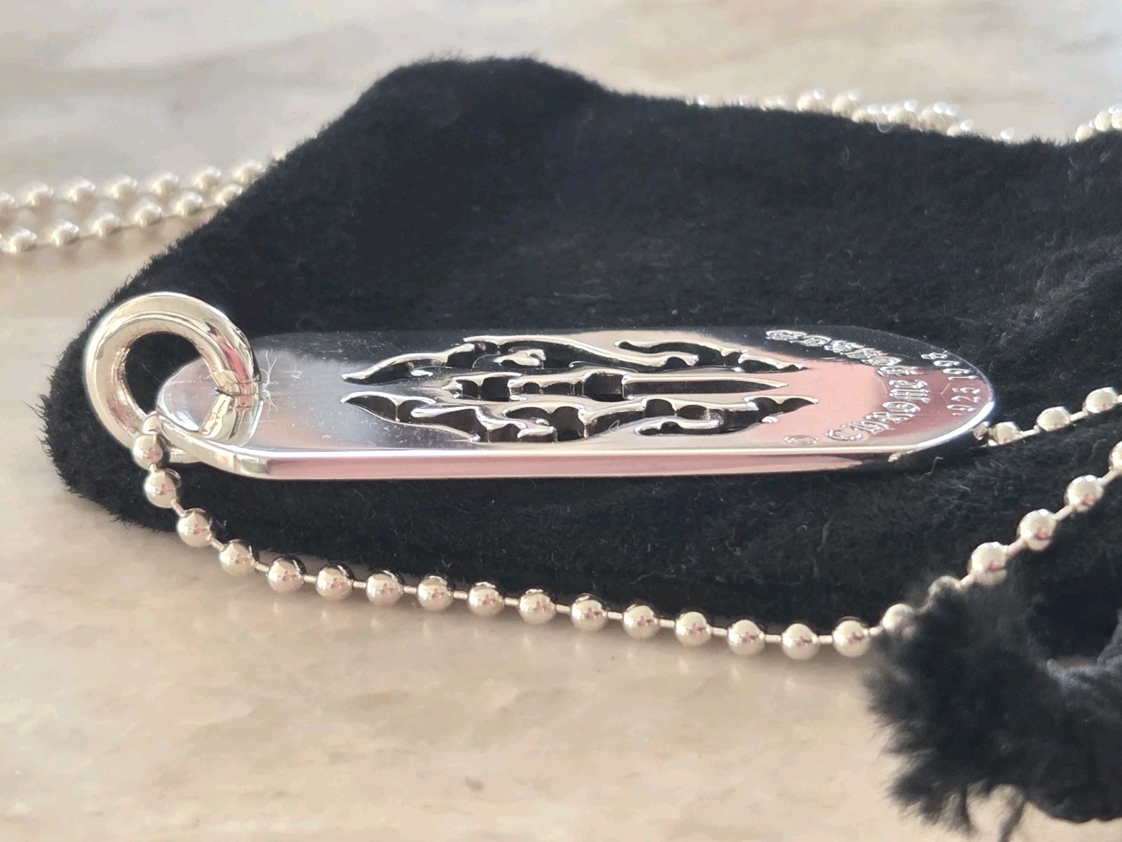 Chrome Hearts CH Silver Large Chicken Nugget Dog Tag w/ Ball chain Necklace