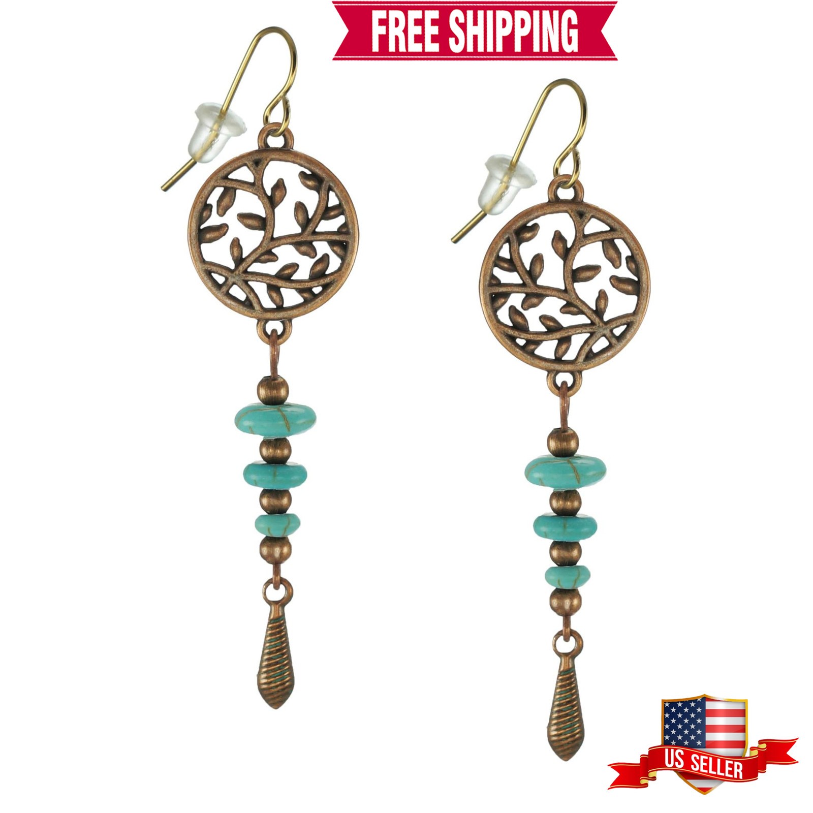 Beautiful Copper and Turquoise Dangle Earrings, 18K Gold Ear Wires