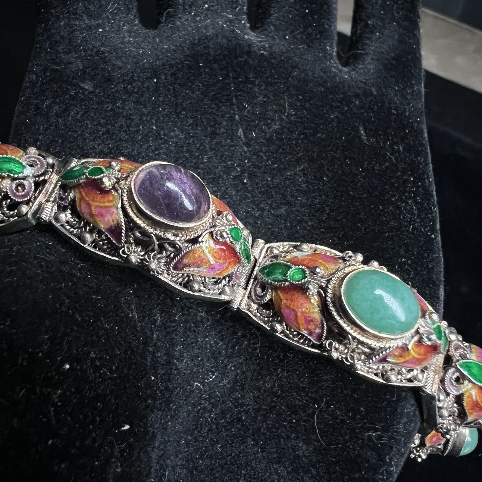 Vintage Chinese Export Silver Vermeil Filigree Enamel Bracelet 7.25″ 34g
