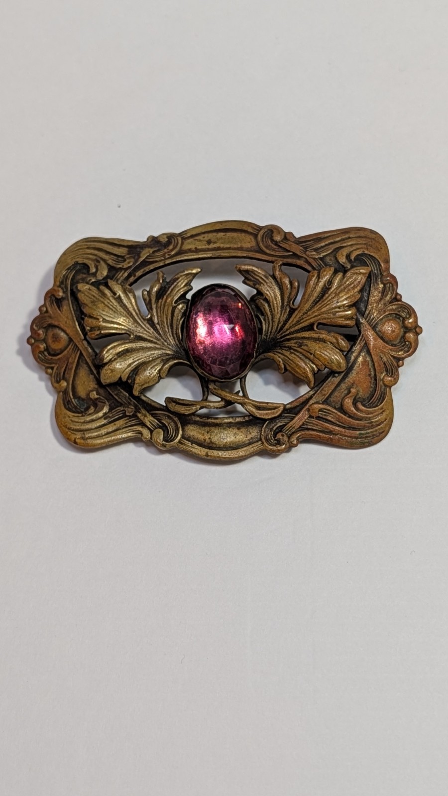 Antique Art Nouveau Brass Sash Pin Brooch Amethyst Purple Glass C-Clasp 1890s