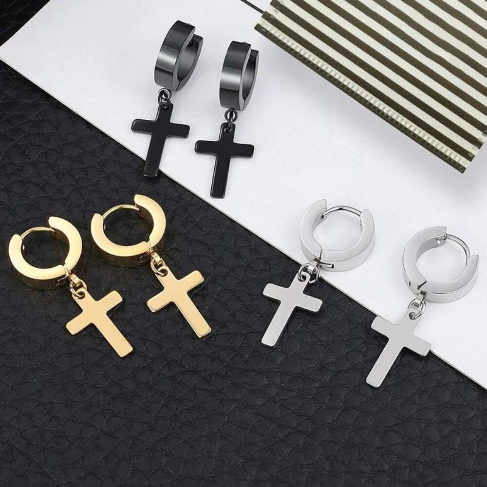 Men’s Women’s Stainless Steel Cross Drop Dangle Loop Huggie Hinged Hoop Earrings