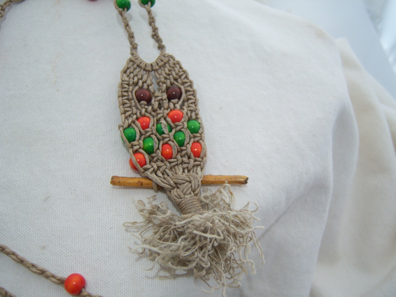 Handmade MACRAME OWL NECKLACE Green Orange Beads Long Cottage Core BOHO Vintage