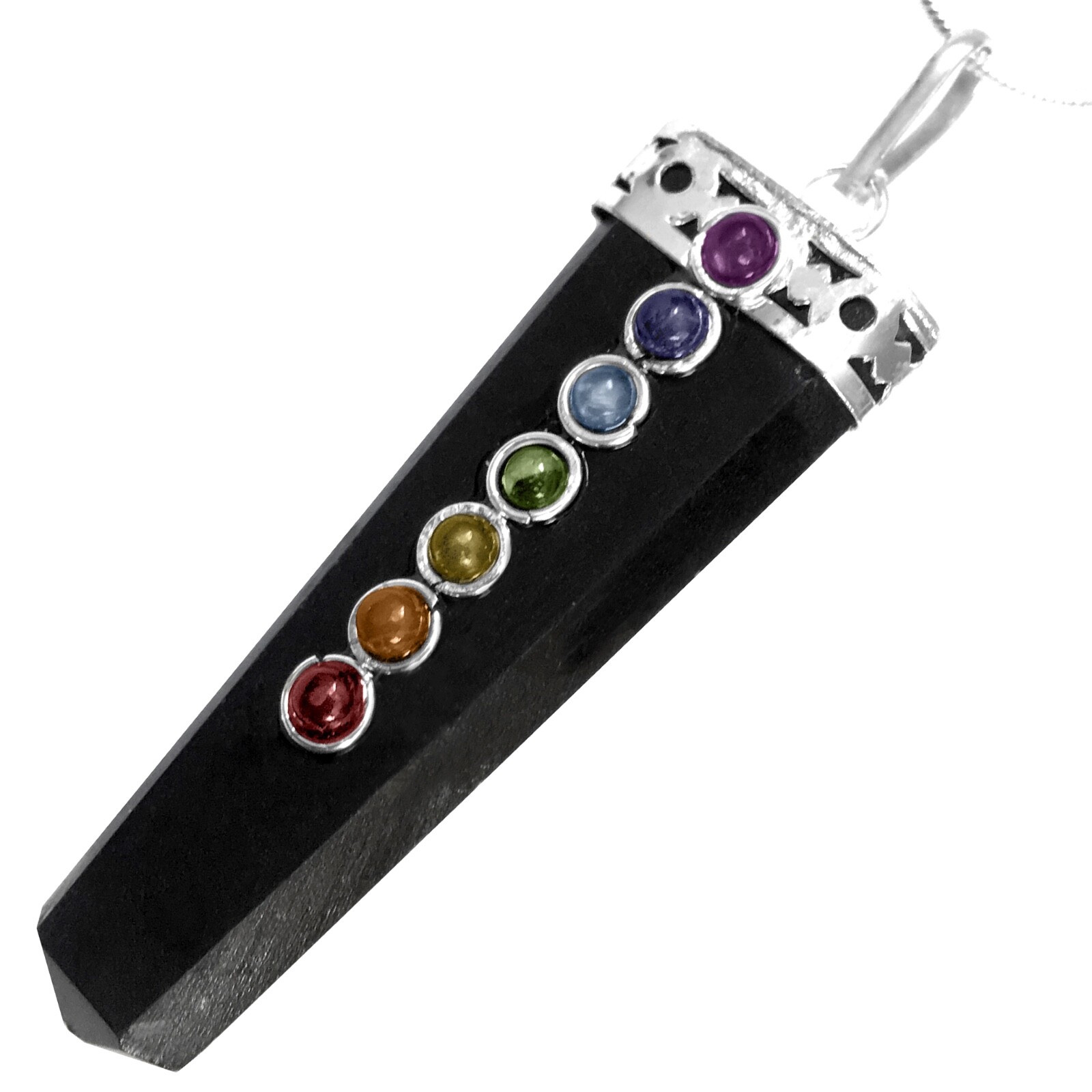 Obsidian 7 Chakra Pendant Silver Crystal Gemstone Necklace Reiki Healing CHARGED