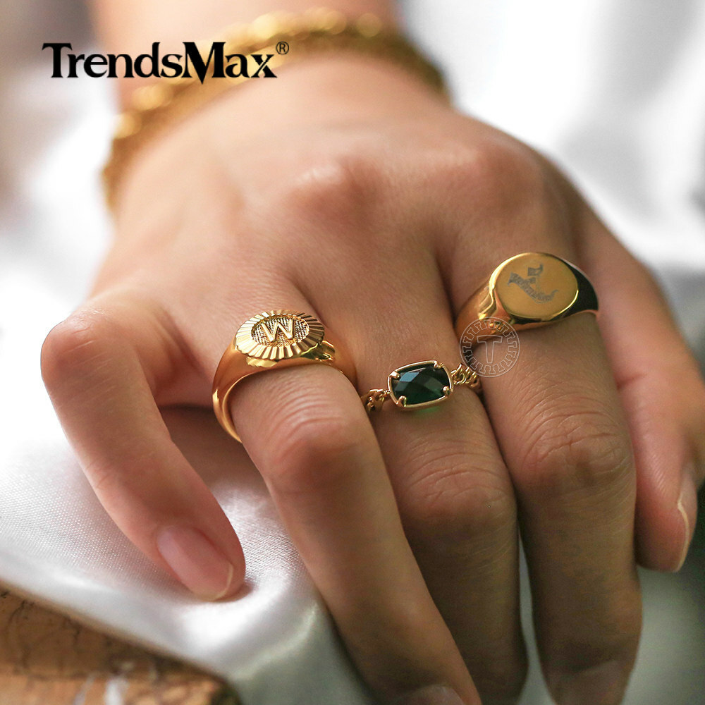 Gold Plated Monogram Letter A-Z Signet Ring Initial Alphabet Knuckle US Size 7