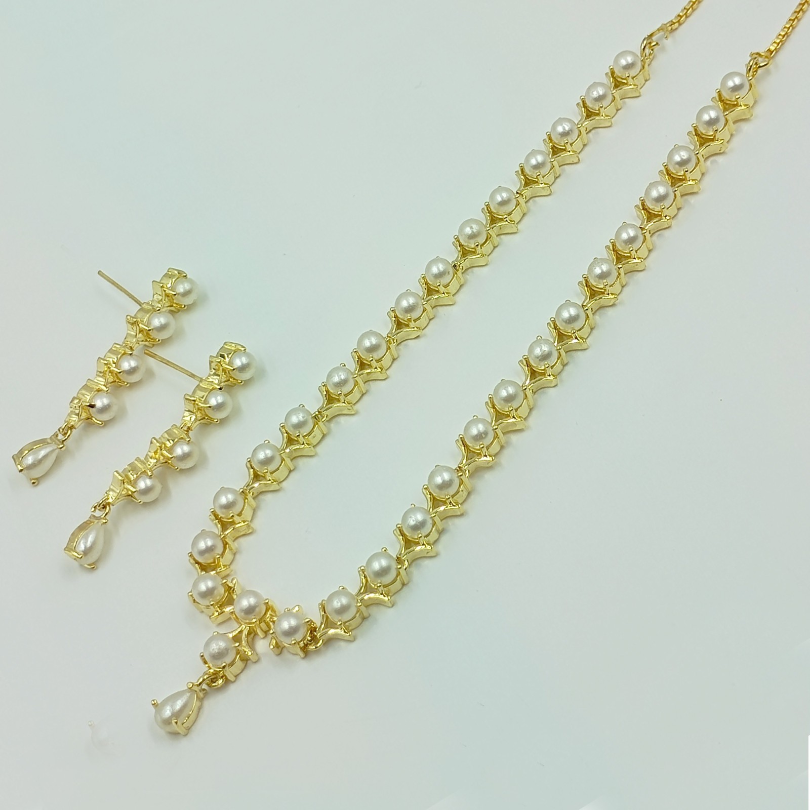 22k Gold Plated Pearl Round Stone Statement Necklace Set Wedding Jewelry Women’s