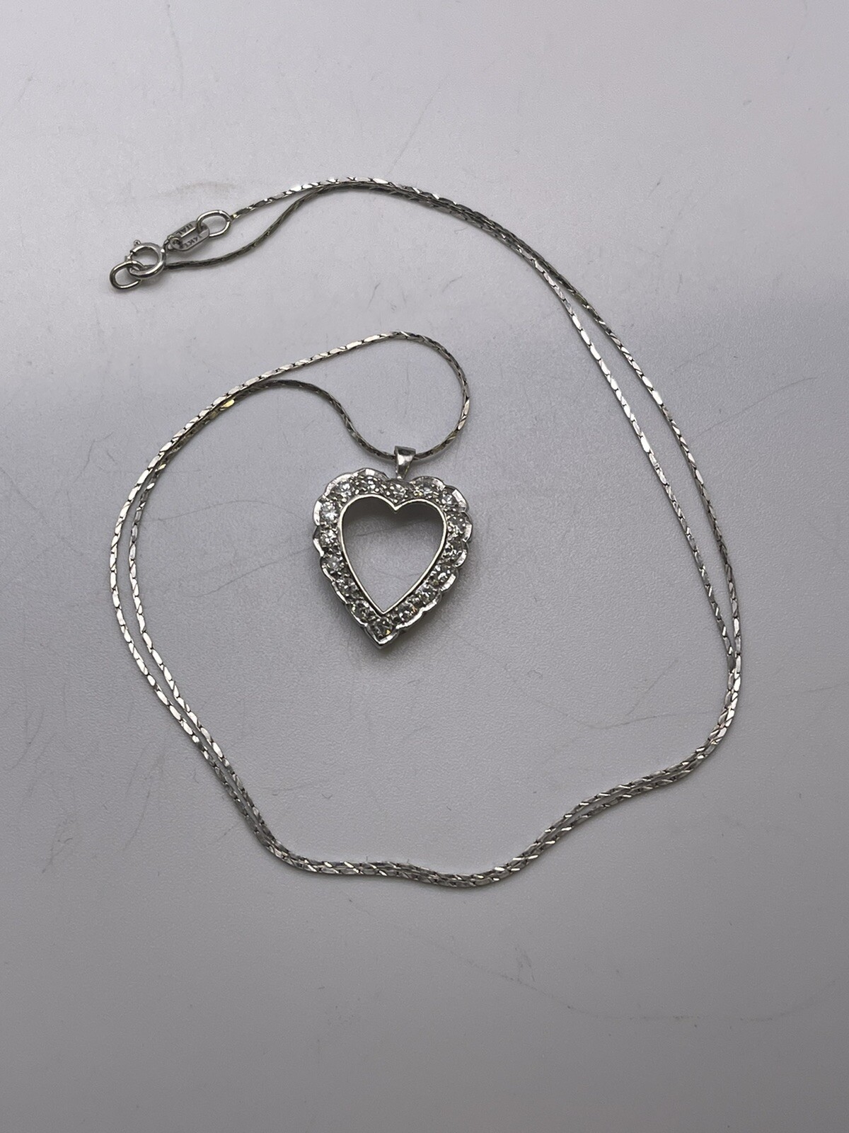 14K White Gold 18 Inch Necklace w/ Diamond Heart Pendant .18tcw 3.2grams