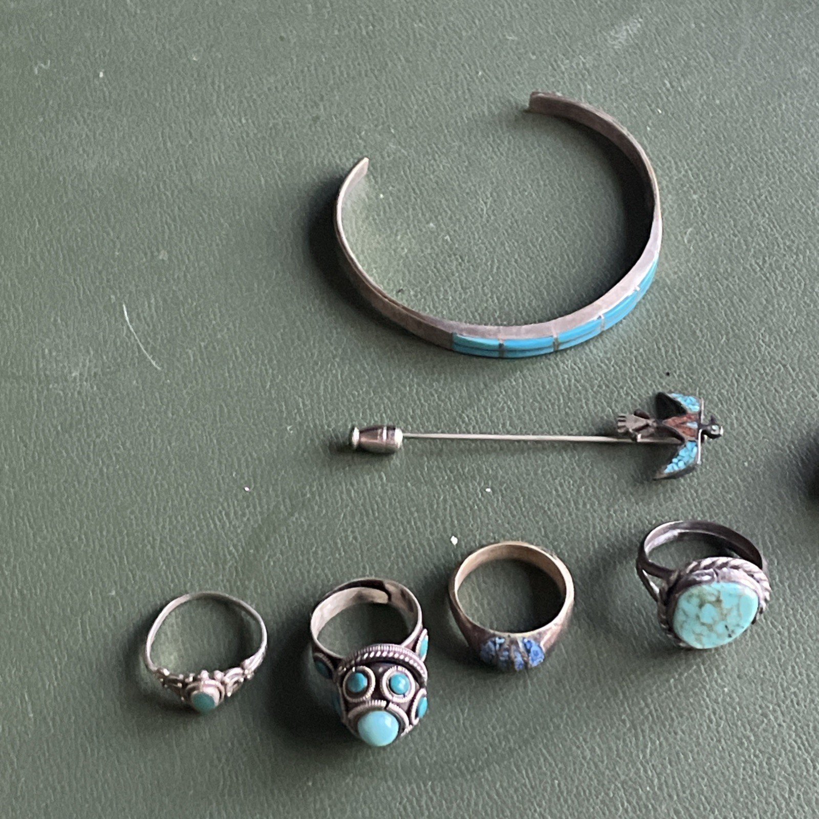 Vintage Sterling Silver Turquoise Jewelry Lot – Bracelet, Rings, Pin – 7 pieces