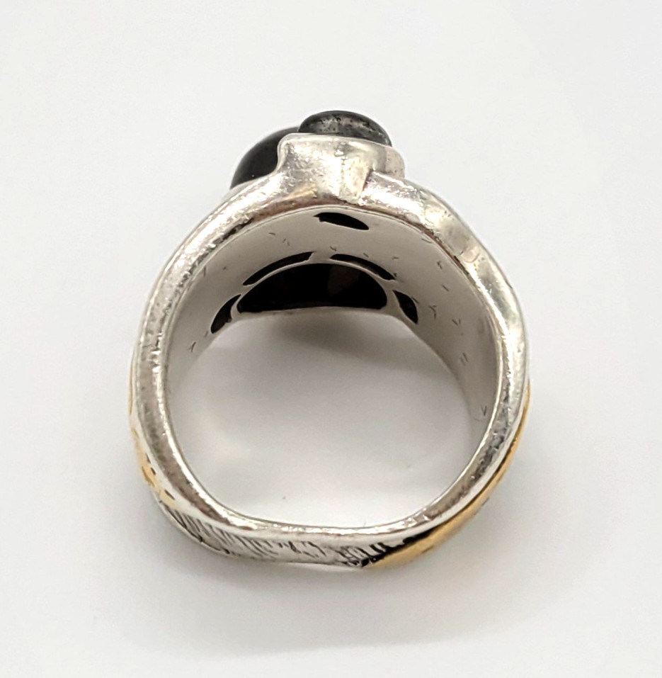 Sterling Silver 925 Moonstone Blue Tourmaline Gold Accent Artisan Ring Sz 7-7.5