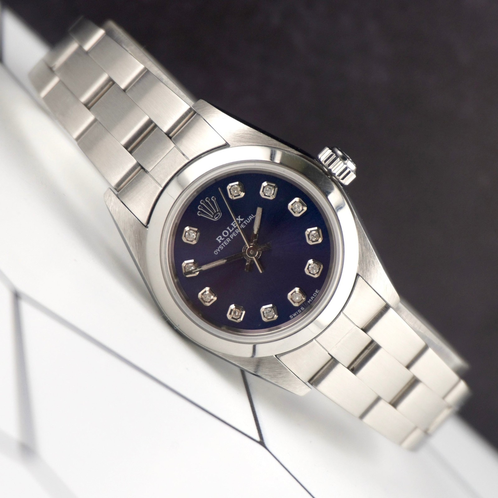 Rolex Oyster Perpetual 25mm Steel Dark Blue Diamond Smooth Oyster Watch 67180