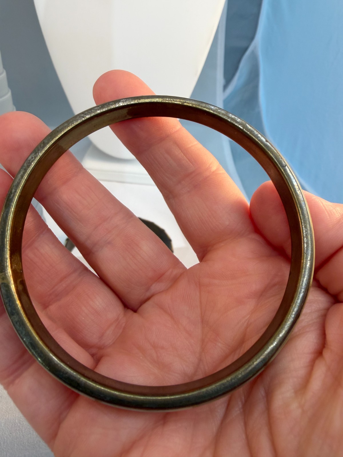Vintage 1970s Brass Bangle Stack Mother of Pearl Dyed Bovine Inlay Boho Green