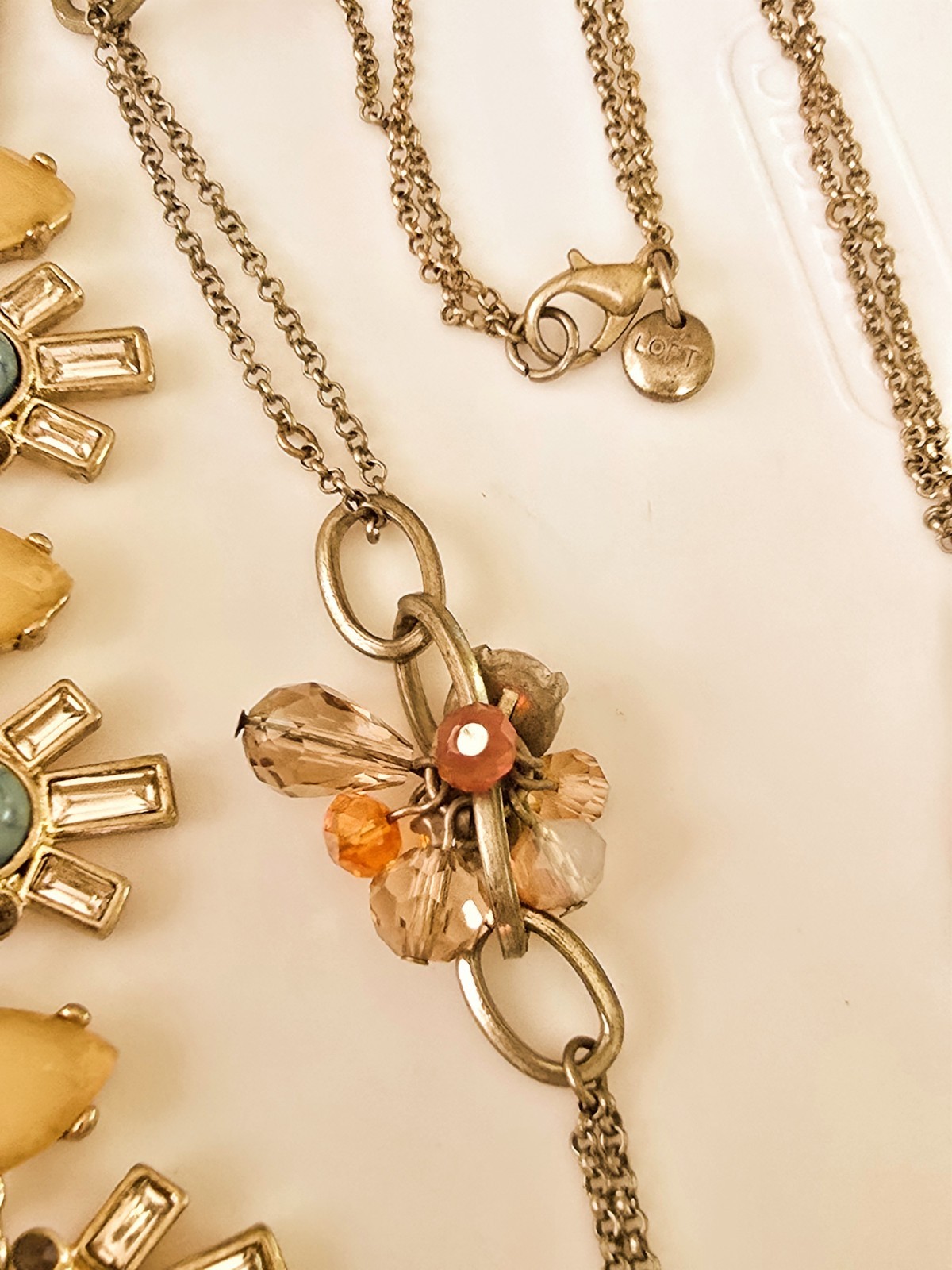 2 LOFT Signed Gold Tone Necklaces 34in Yellow Flower Cluster 18in Blue/yellow