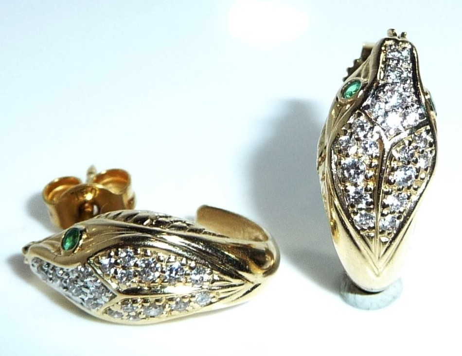 Snake 585 Gold Stud Earrings 0.46ct. Diamond Emeralds 4.2g