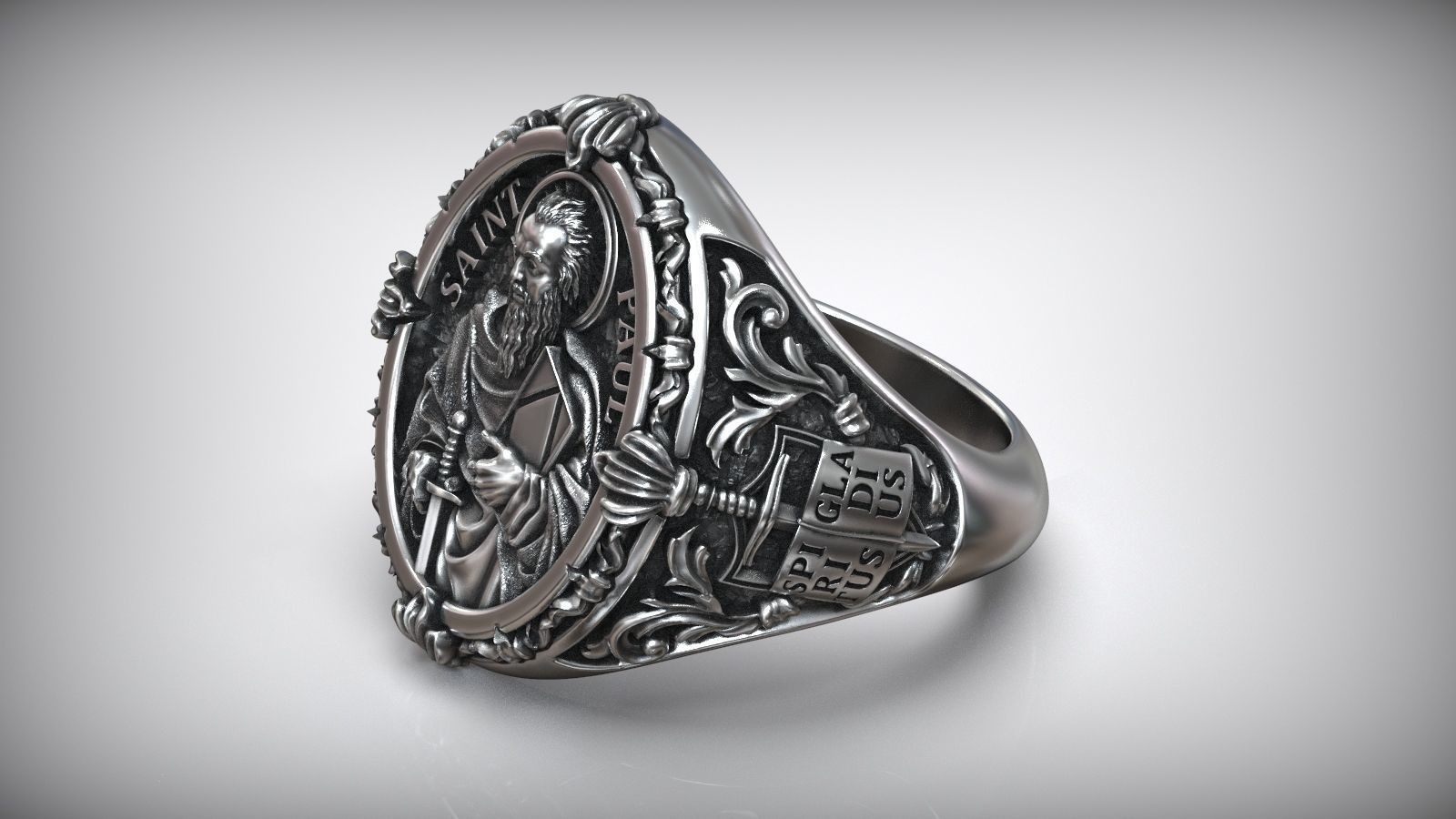 Mens Saint Paul Apostle Sword & Bible Symbol Christian 925Silver Statement Rings