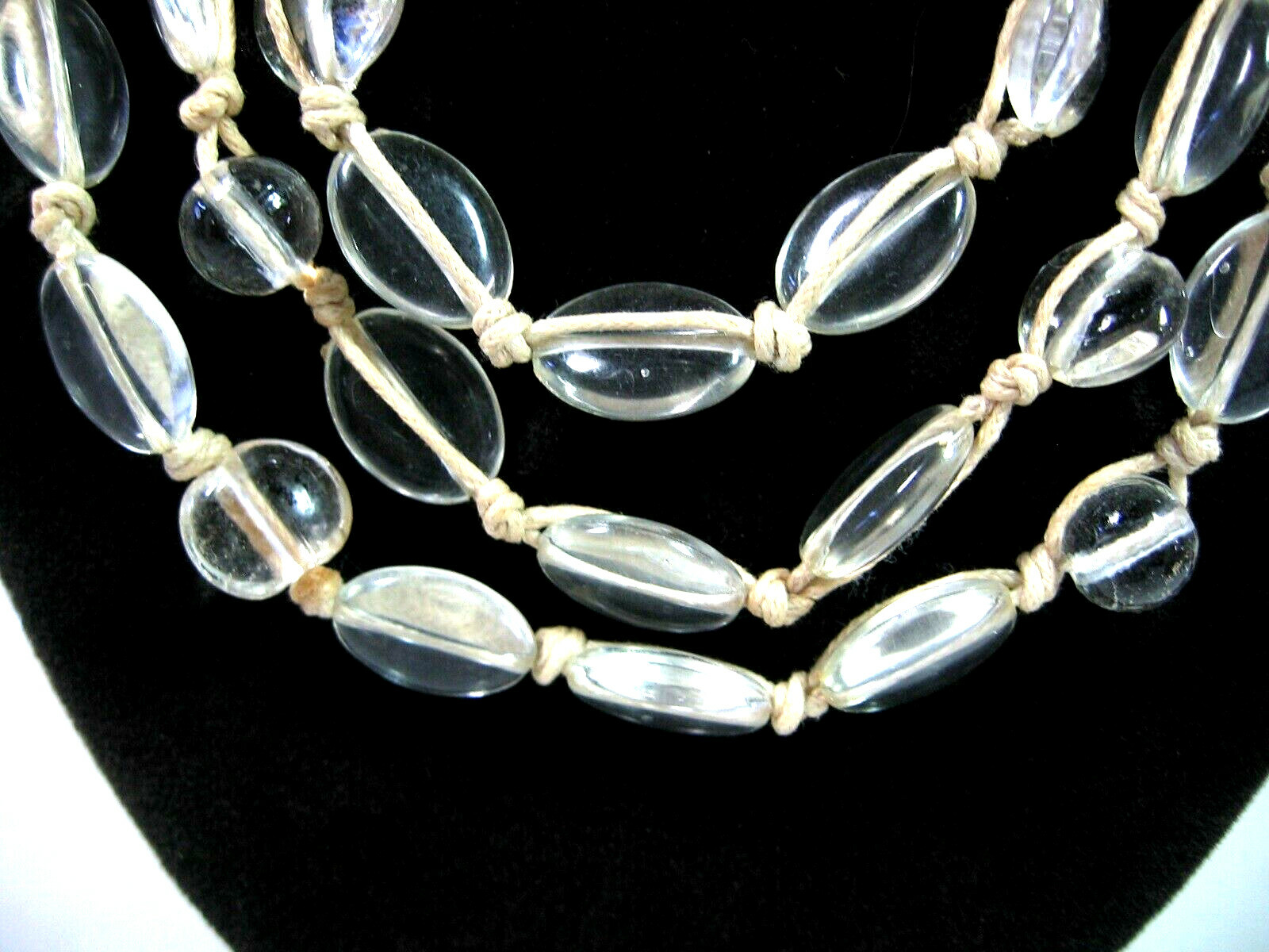 CLEAR GLASS BEAD Necklace Vintage 3 TRIPLE Strand Oval Round Beaded String 22″