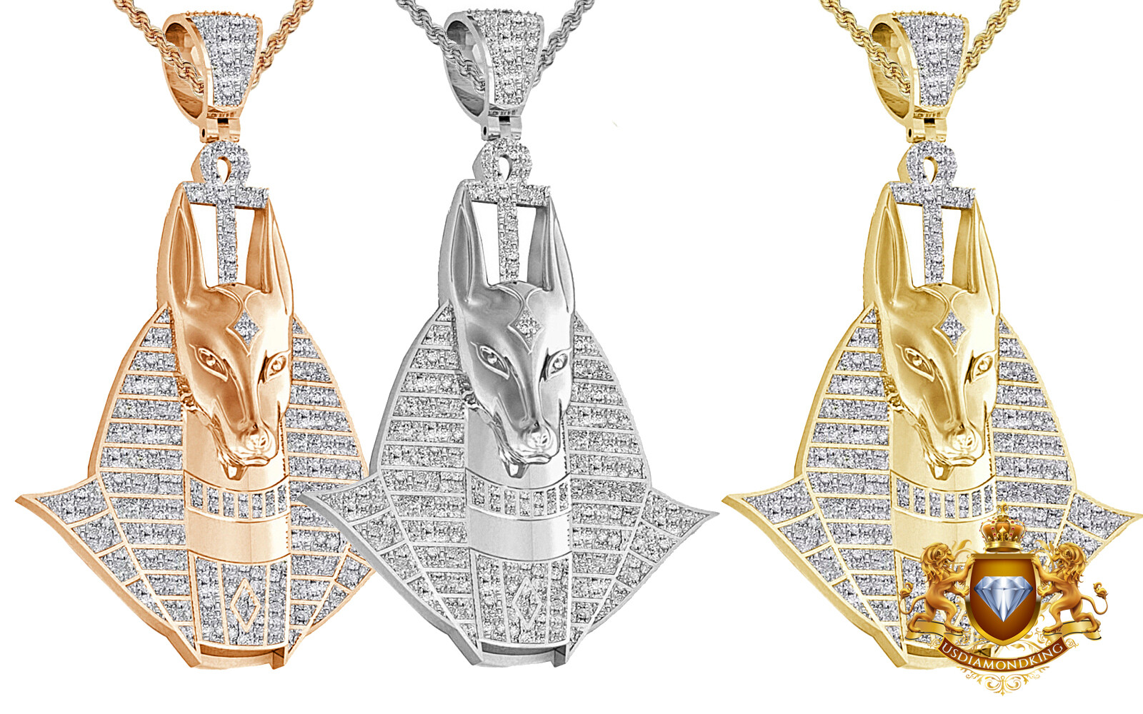 Genuine Diamond 0.60 Cwt. Egyptian God Anubis Ankh Cross Pendent Charm Chain Set