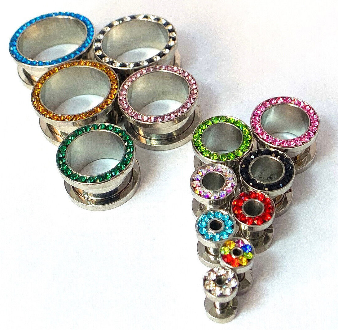 PAIR CZ Gem Rimmed 316L Surgical Steel Screw Fit Tunnels Plugs Earlets Gauges