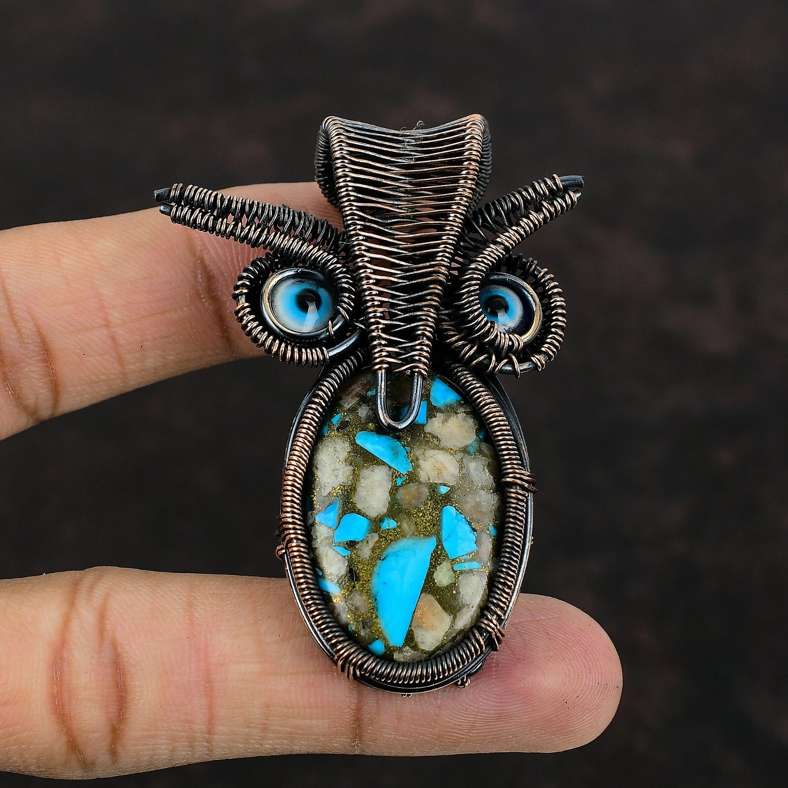 Pink Opal Turquoise Copper Gift For Briedsmaid Wire Wrapped Owl Pendant 2.6″