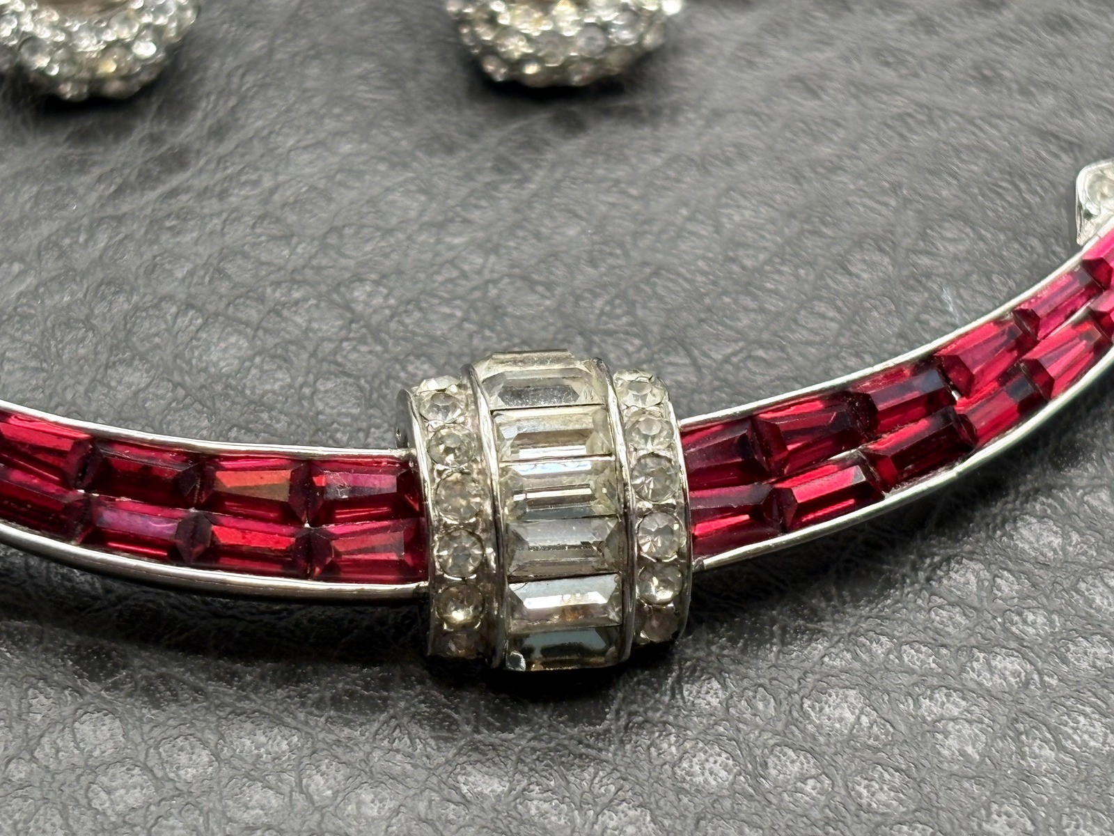 Vintage Boucher 3227 Red Baguette Rhinestone Necklace Clip On Earring Set