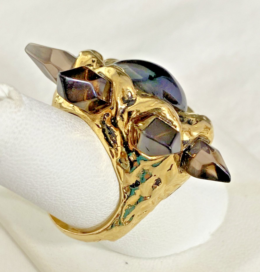 Bloomingdales Designer M Signed Gold-Tone (Smoky Quartz?) Ring, Size 7 1/2, NOS