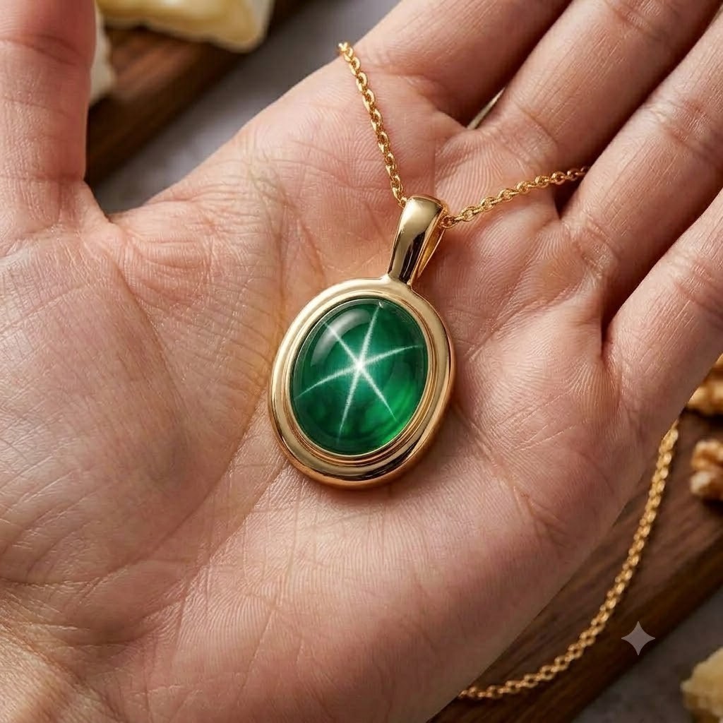 Green Star Sapphire Pendant Oval Gemstone 925 Sterling Silver Six Ray Gemstone