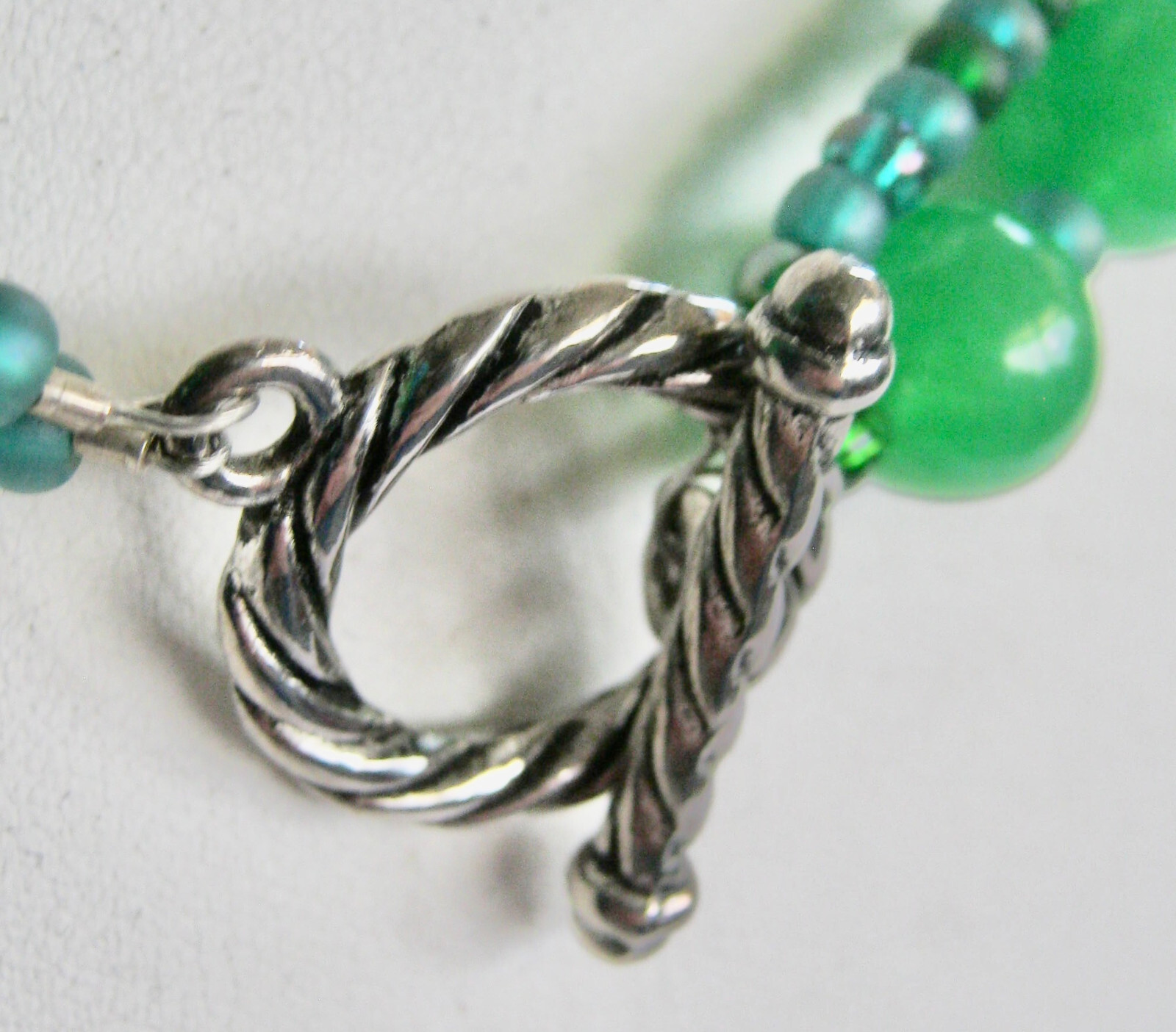 19 1/2″ Green Beaded Necklace Two Strands – One Uranium Glass, One Seed Beads