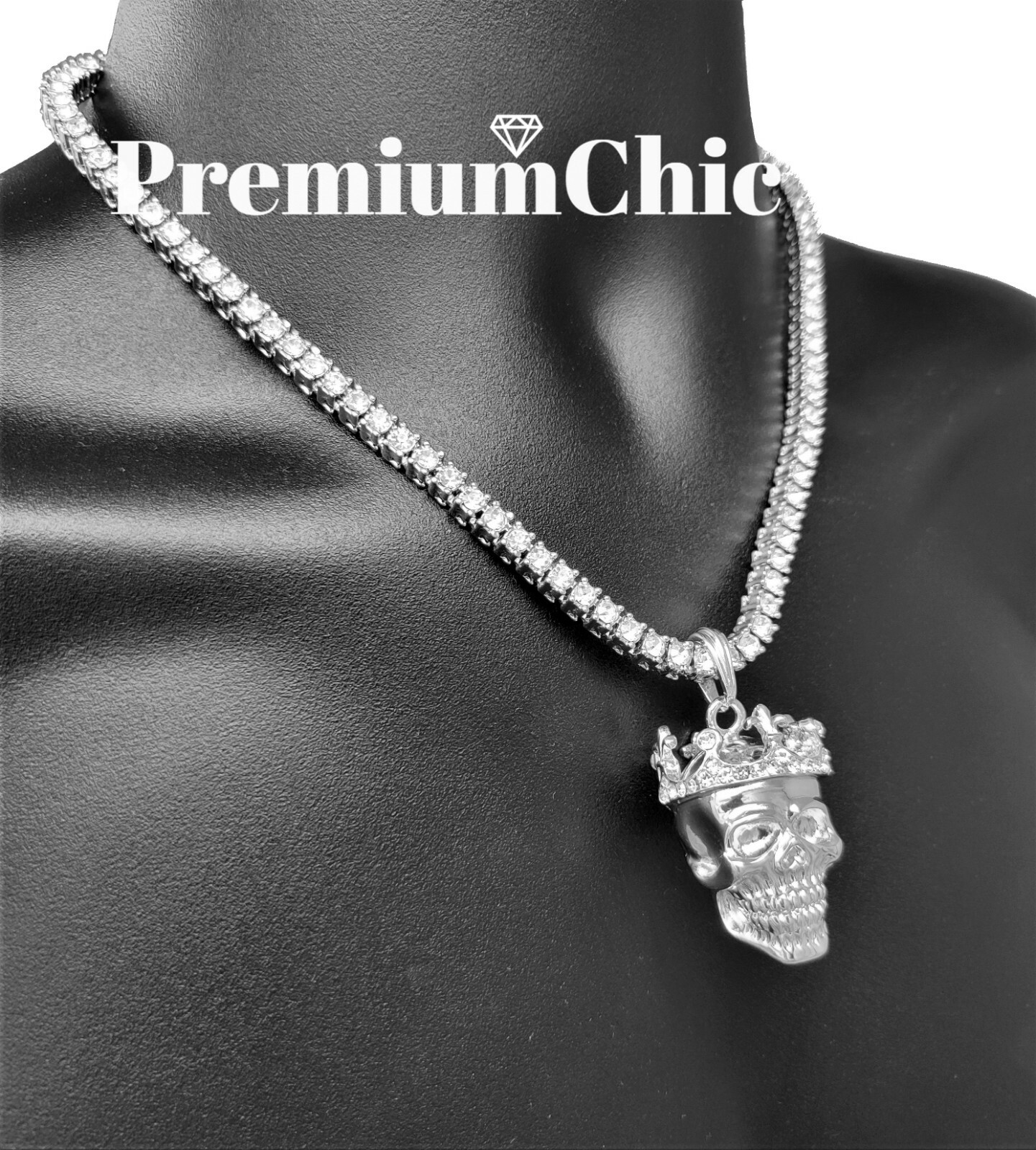 Skull King Pendant Necklace Rope or Tennis Chain Plated CZ Halloween Jewelry