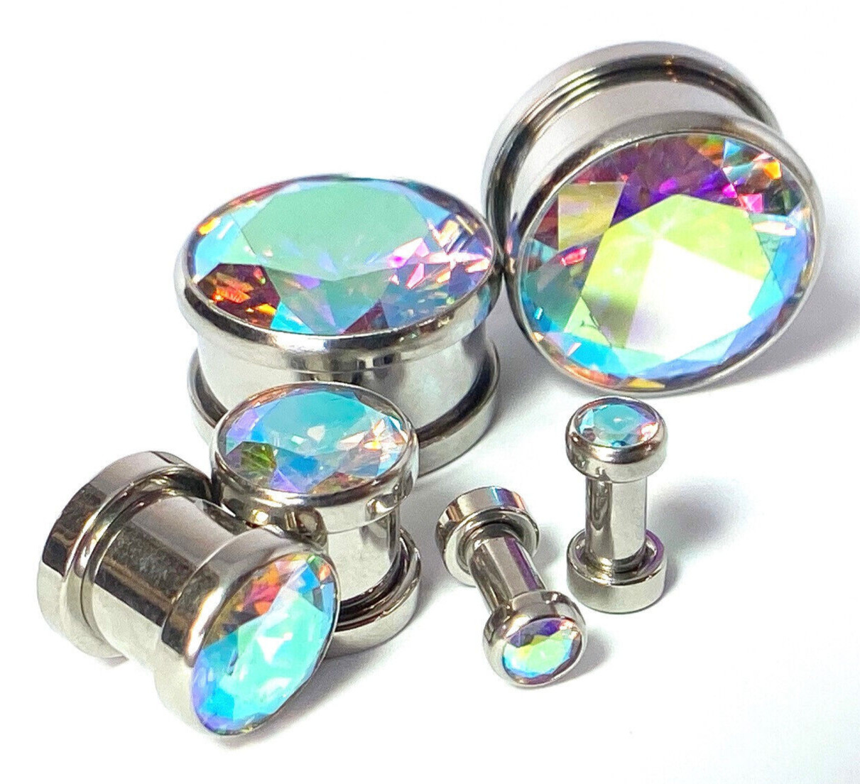 PAIR Large Aurora Borealis Gem Screw Fit Tunnel Plug Gauge Body Jewelry Piercing