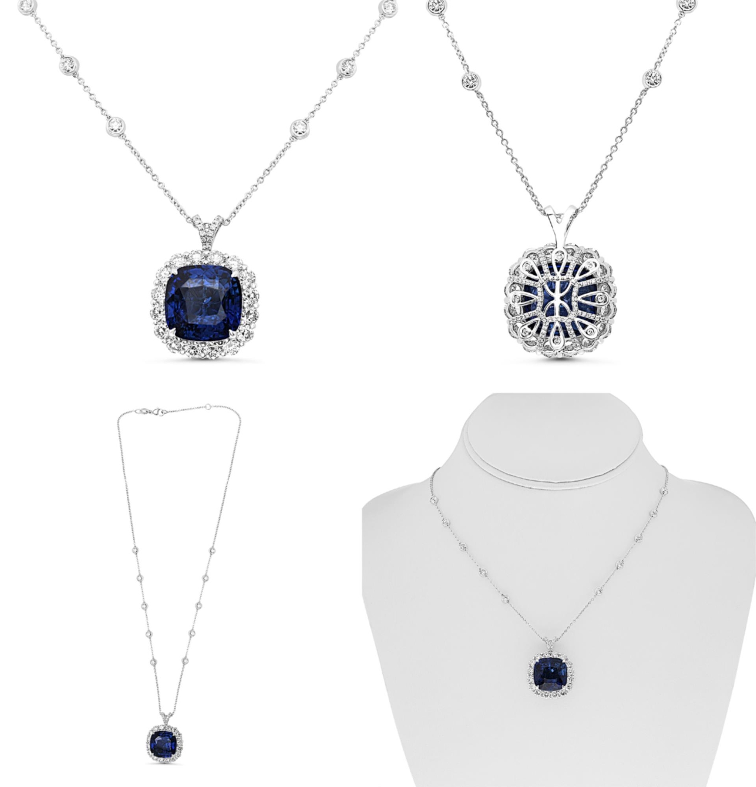 22.81CT DIAMOND & AAA SAPPHIRE PLATINUM 3D CUSHION & ROUND SQUARE FLORAL PENDANT