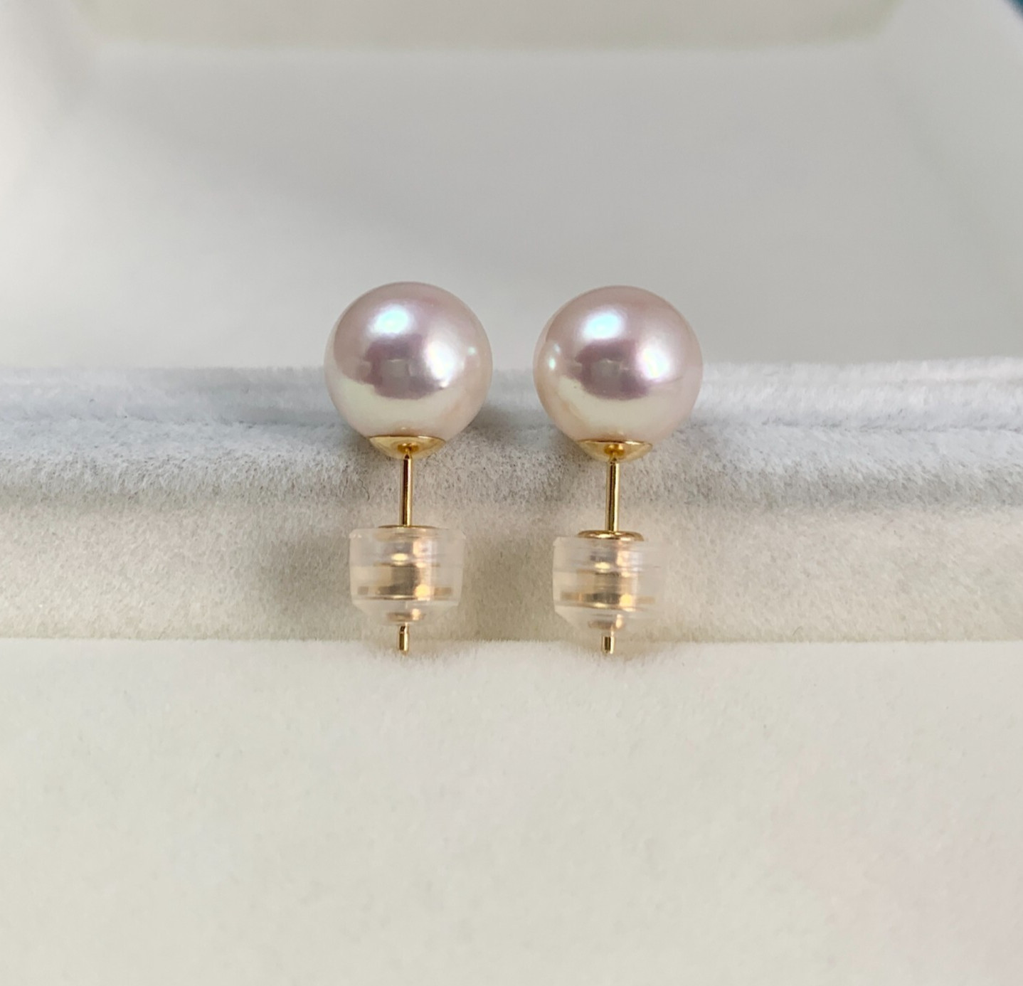 8.7mm round white-rose Japanese Akoya pearl stud earrings 18k solid yellow gold