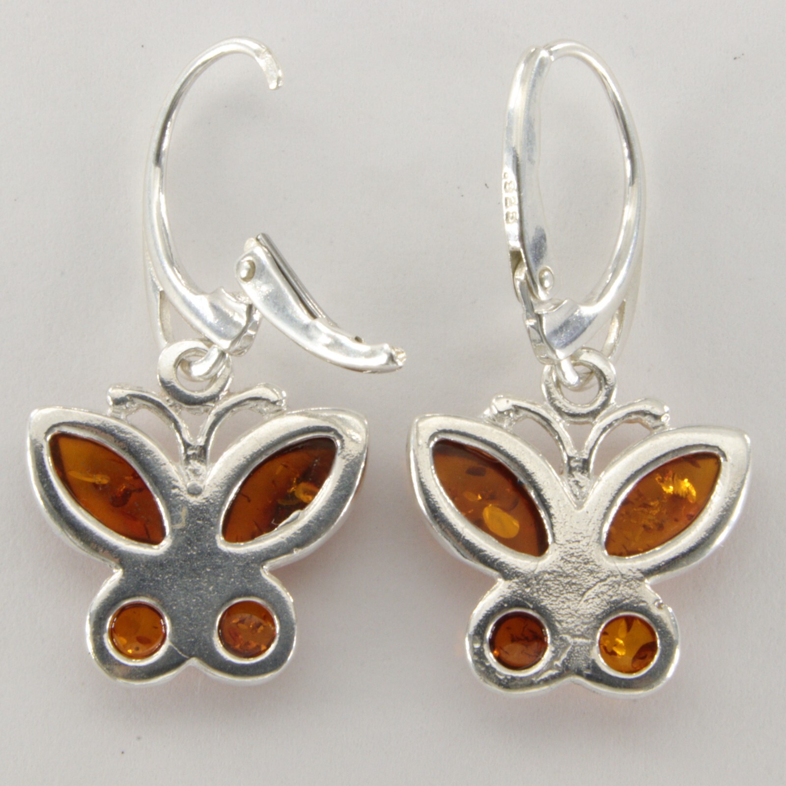 Cognac Brown BALTIC AMBER Butterfly Leveback Earrings 925 STERLING SILVER #5528e