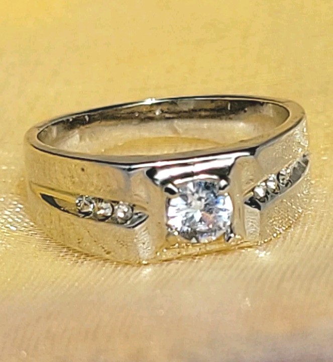 Mens Solitaire Ring White Gold EP 1 CT Simulated Diamonds (pinky)