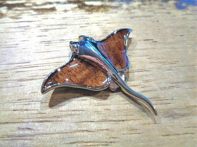 45mm Hawaiian Rhodium Plated Brass Genuine Inlaid Koa Wood Manta Ray Pendant #2