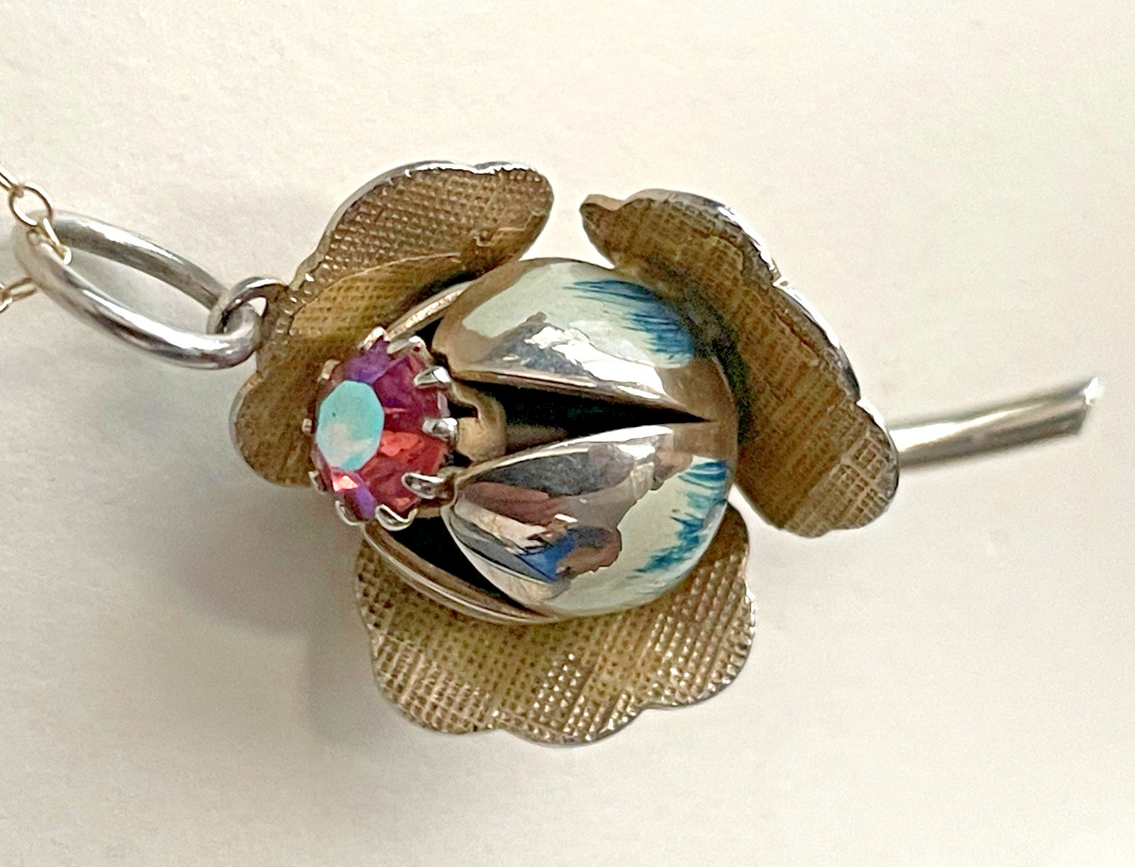 Vintage Metal Enameled Floral Pendant with Rhinestone and 925 Cable Chain.