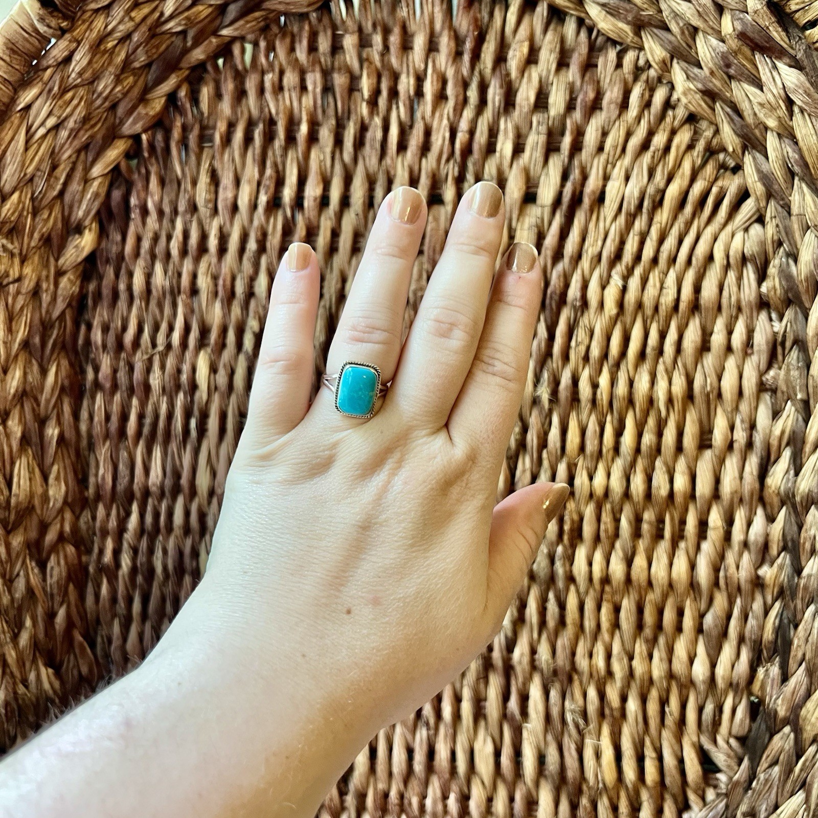 925 Sterling Kingman Turquoise Ring Size 7.25 Rectangular Cabochon