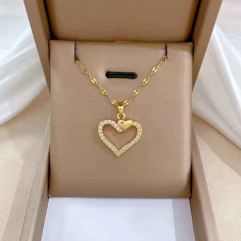 Trendy Heart Stainless Steel Zirconia Necklaces For Women Girls Love Gold Color