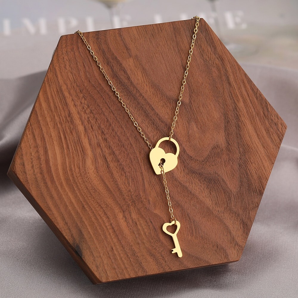 Gold Heart Lock and Key Charm Necklace
