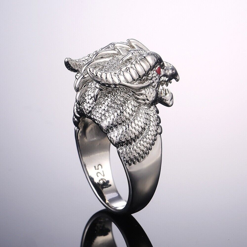 Authentic Vintage Valentine Rings 925 Silver Plated Red Eyes Dragon Head Rings