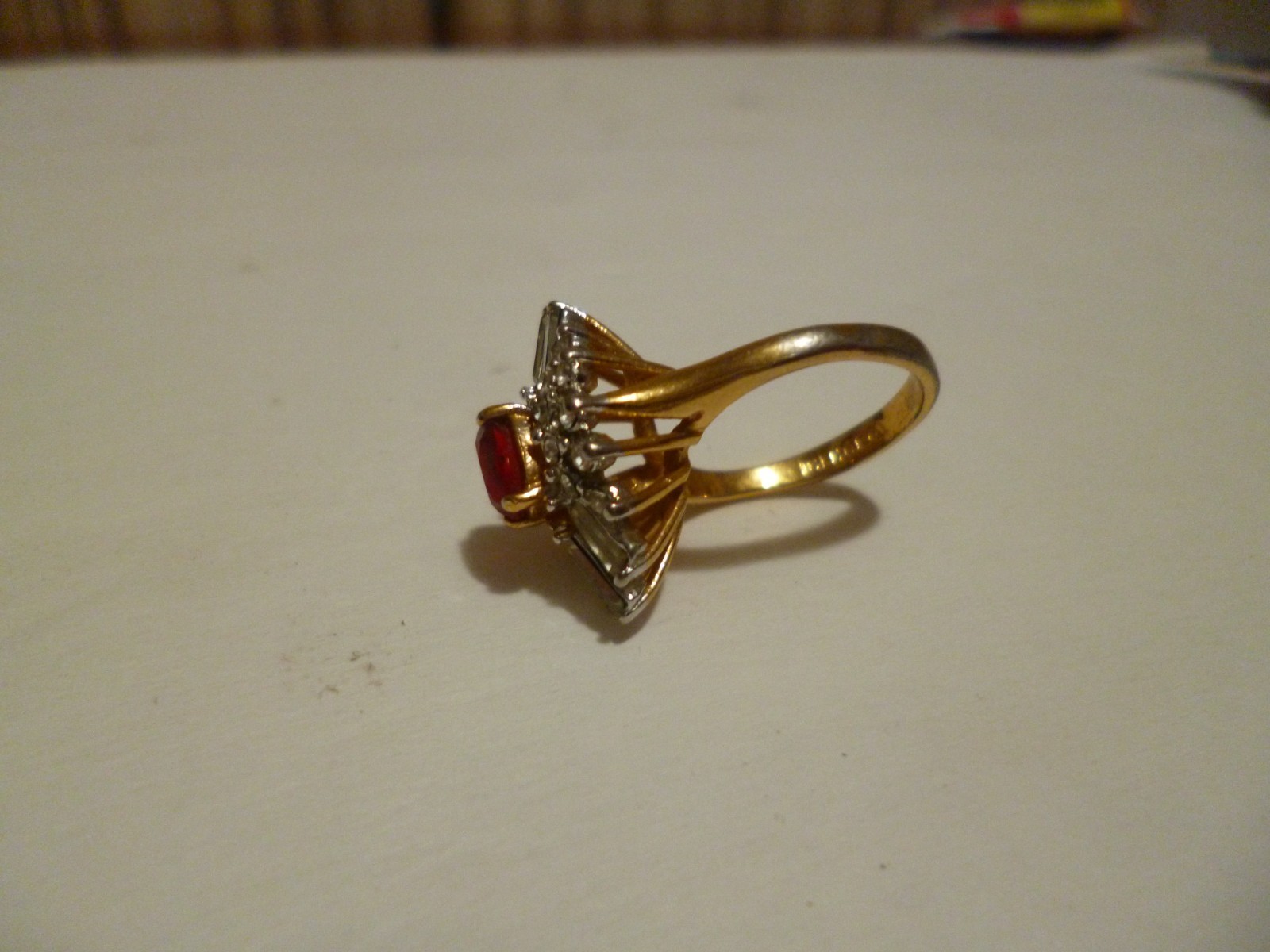 Nice 18KGE Simulated Ruby And Diamond Ring Size 5 1/2