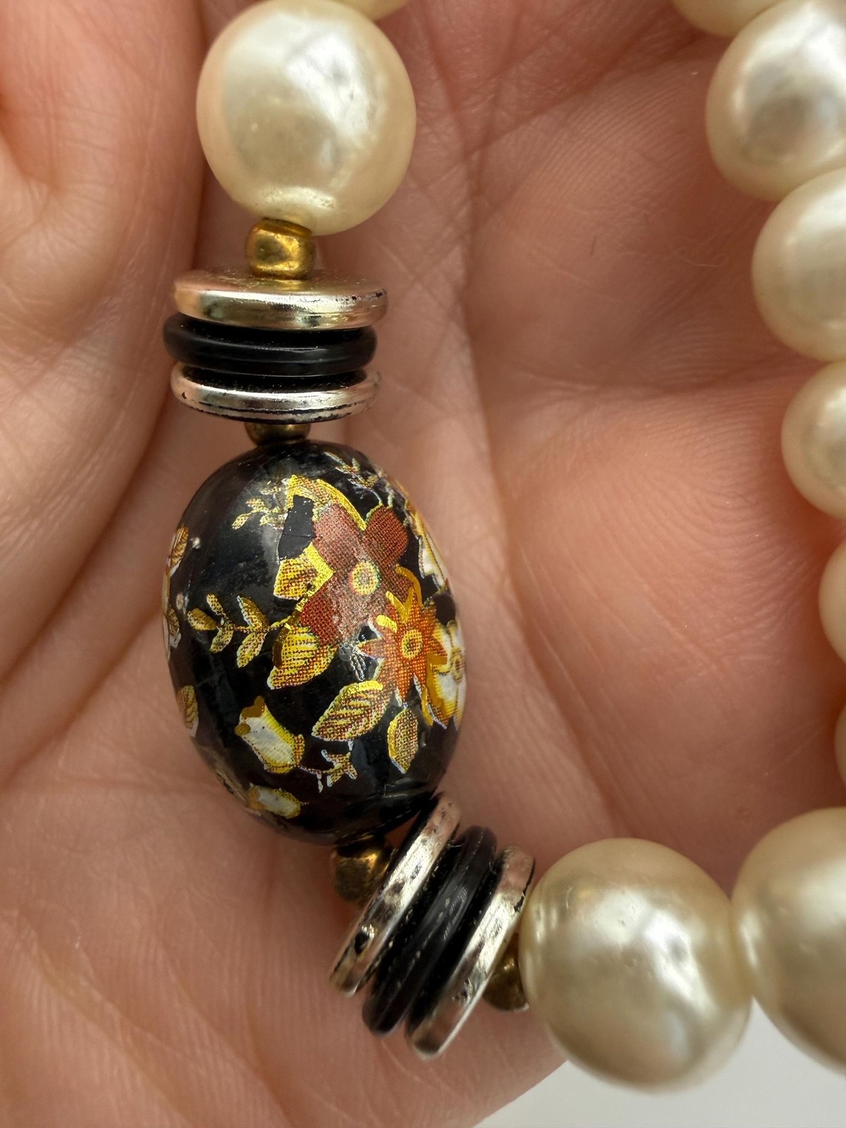 Vintage Faux Pearl Necklace, Black Floral Cloisonné Style Beads, 1980s Statement