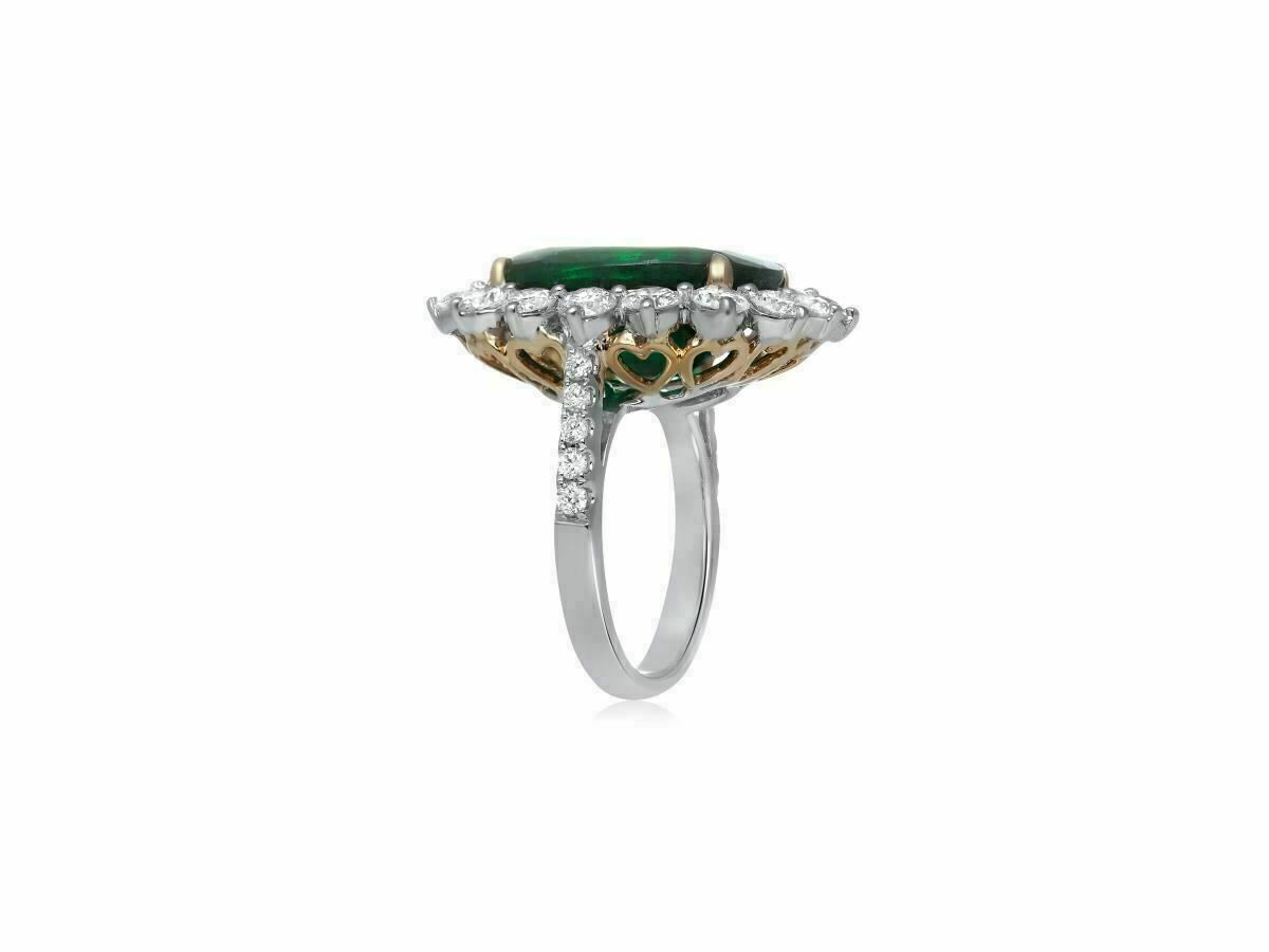 GIA CERTIFIED 15.02CT DIAMOND & AAA EMERALD 18K 2 TONE GOLD HALO ENGAGEMENT RING