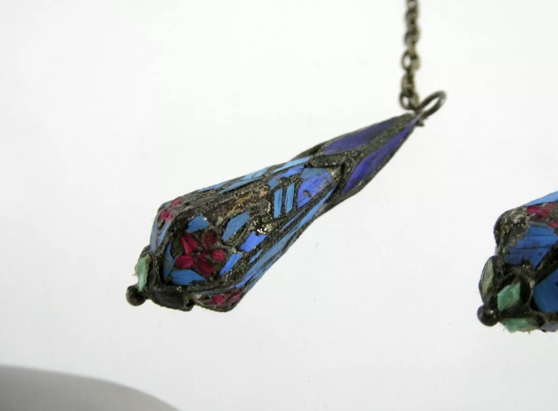 Rare Antique Chinese Kingfisher Bird Feather Silver Drop Dangle Earrings