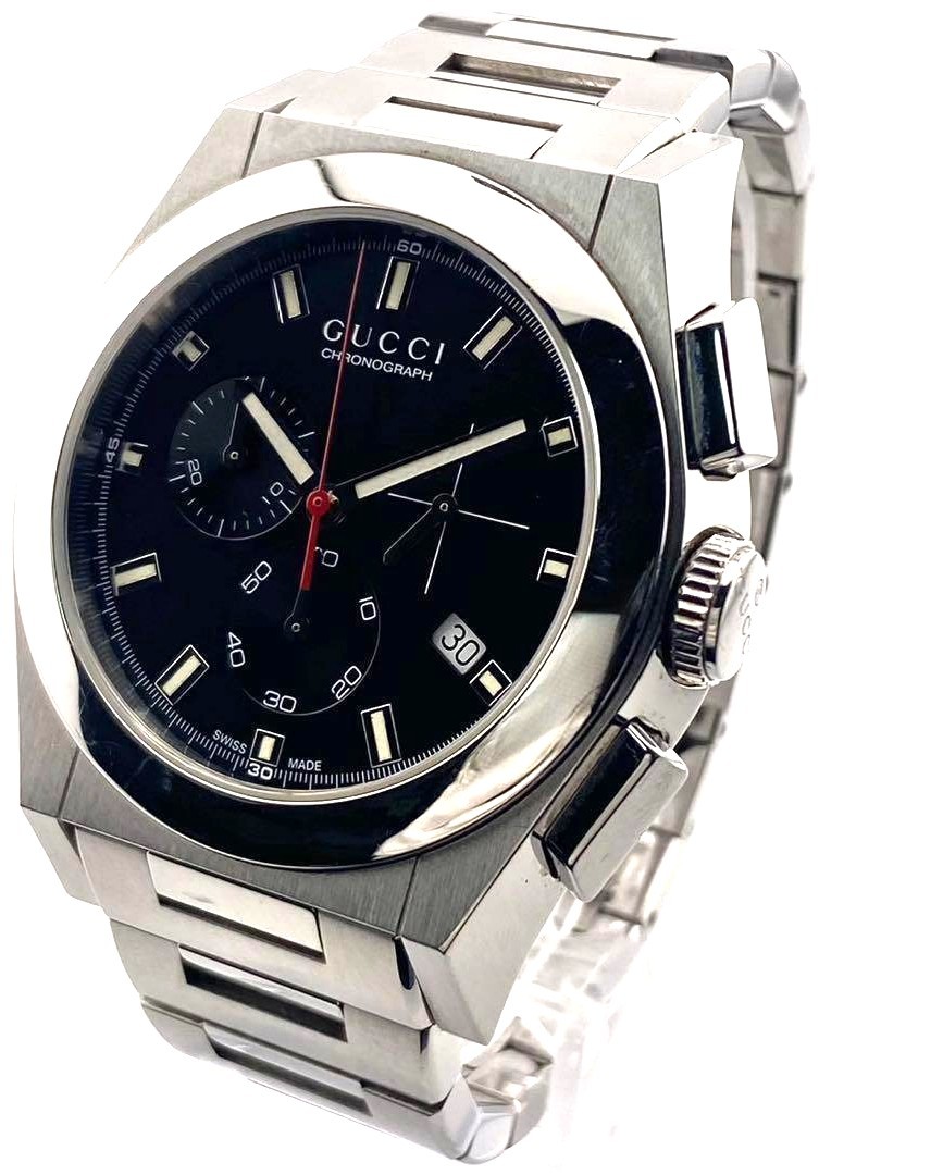 GUCCI Pantheon Chronograph 115.2 Watch Black Dial Steel Silver Men Used