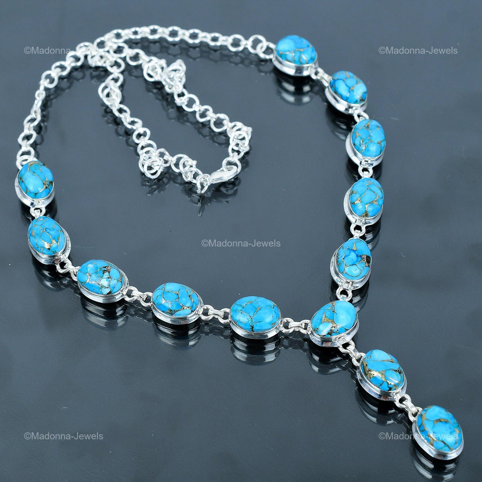 Sterling Silver Copper Blue Turquoise Stone Chain Throat Chakra Necklace Jewelry
